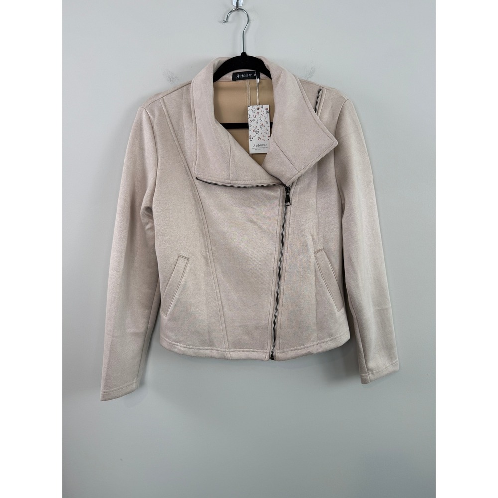 Automet Moto Jacket Beige S Faux Suede Asymmetrical Zip Minimalist